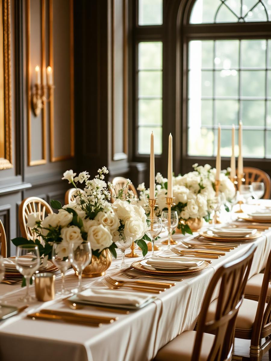 Tablée de mariage avec roses blanches et touches dorées