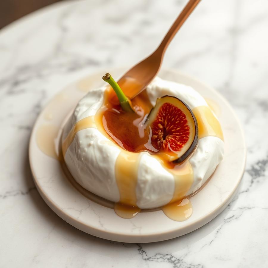 Burrata fraîche, figue et miel sur marbre