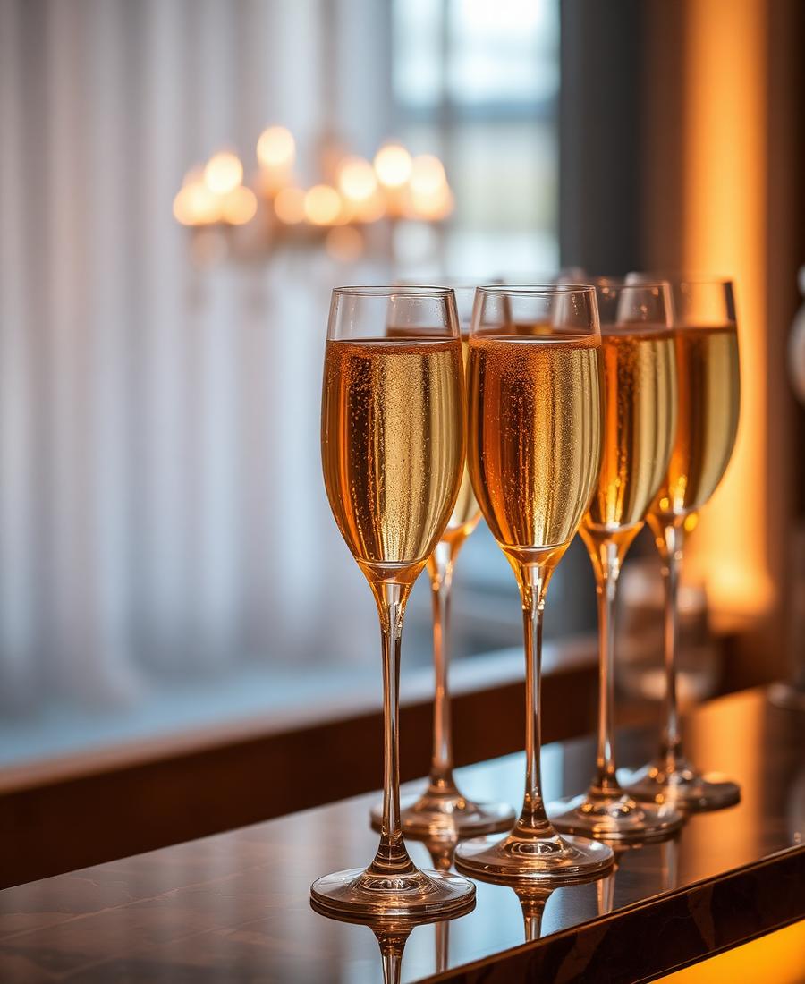 Coupes de champagne sur comptoir de luxe
