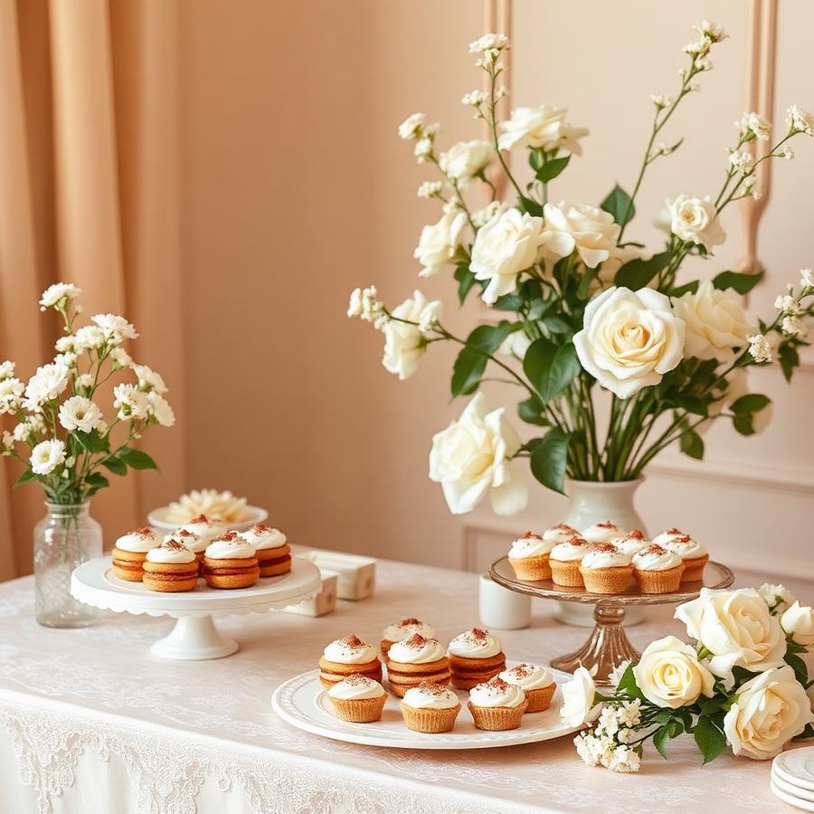 Table de desserts avec roses ivoire